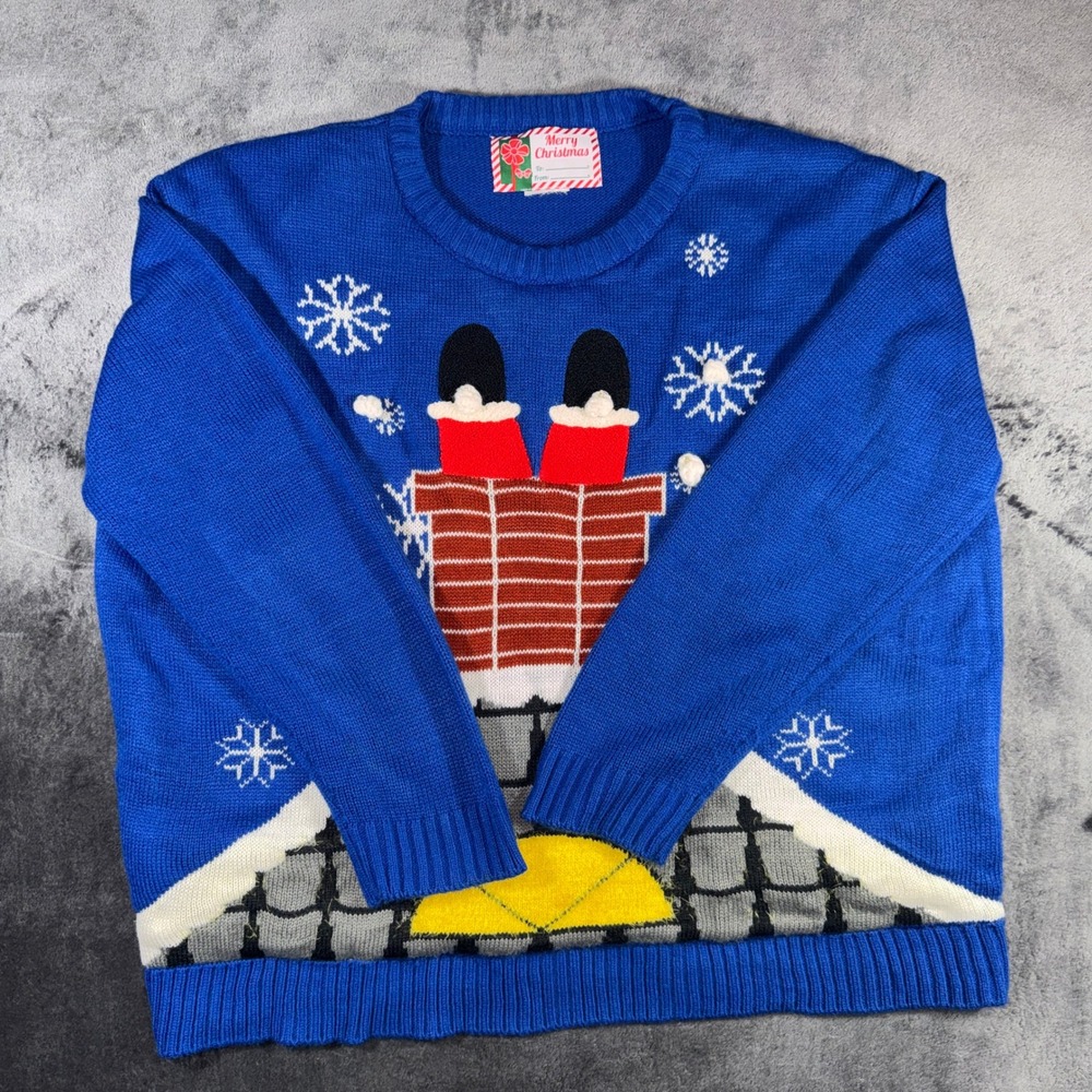 Merry Christmas Santa Stuck in Chimney Ugly Holiday‎ Sweater Blue Knit Pom Poms